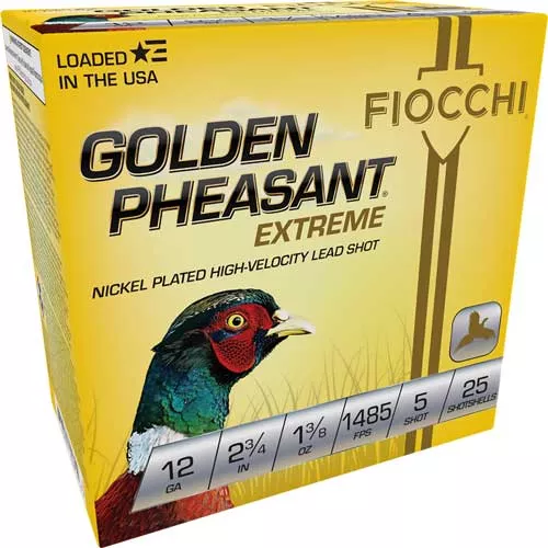 Fiocchi Golden Pheasant 12GA Shotgun Shells - Nickel Plated, #5 Shot, 1-3/8 Oz, 1485 FPS